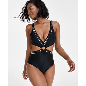 Bar III Women's Medium Black & Silver Stud Plunge One-Piece Swimsuit NWT